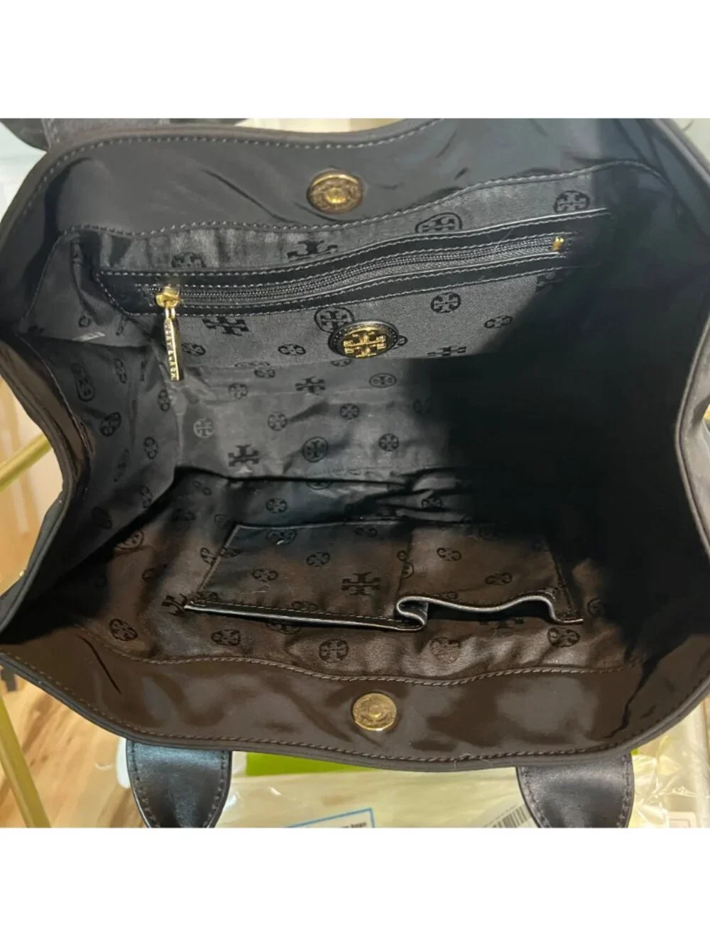 ***Tory Burch Black Nylon Tote Bag With Leather Handles & Studded Logo